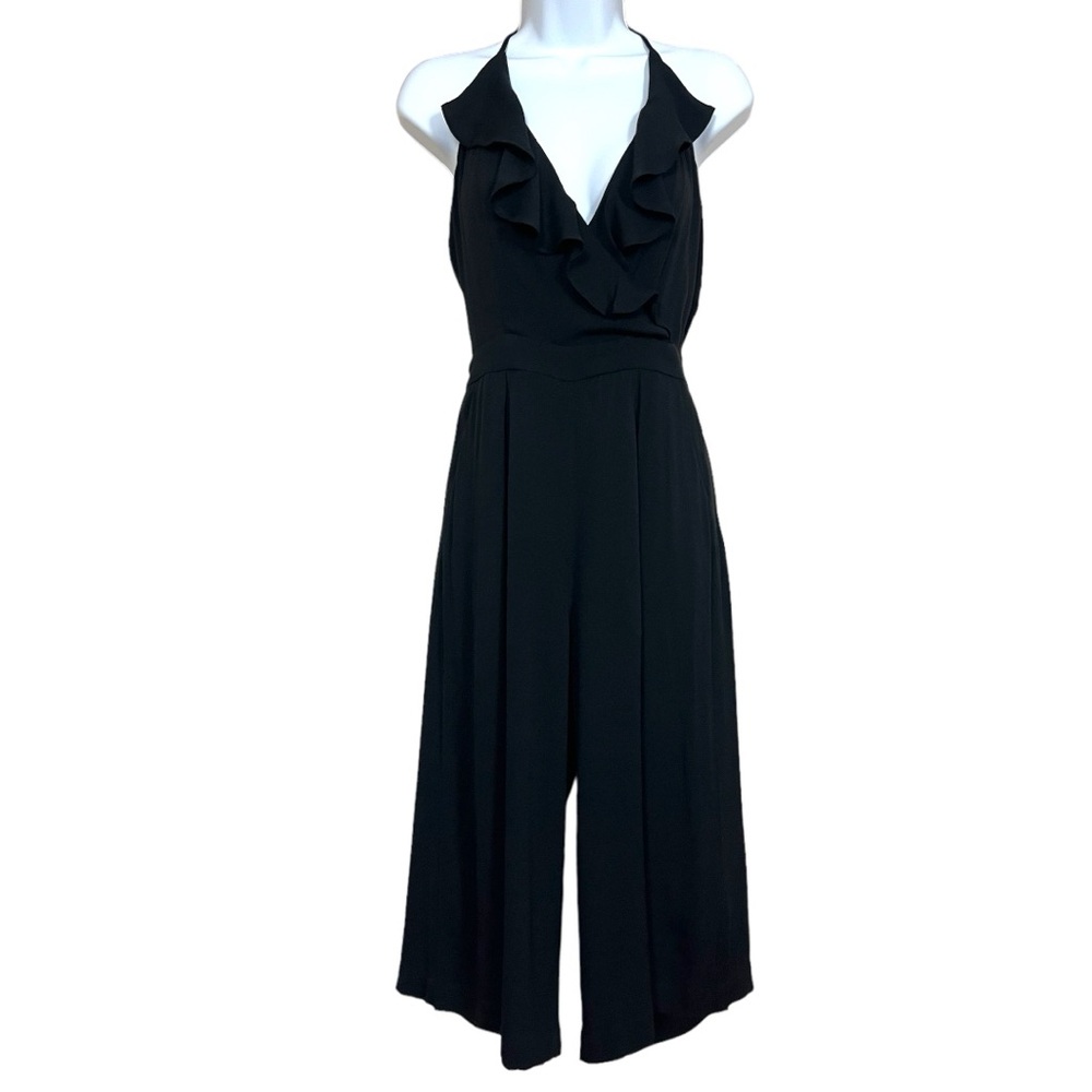 Bobi Black Label Plunge Ruffle Surplice Halter Neck Wide Leg Cropped Jumpsuit